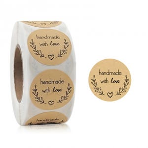 Rouleau/bandes d'autocollants faits main avec amour 1"/25 mm, kraft brun chamois, petit coeur d'amour, étiquettes idée cadeau pâtisserie R71