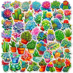 50 stickers Cactus, Assortiment d'autocollants imperméables auto-adhésifs, Stickers plantes d'intérieur en pot, Stickers colorés de plantes succulentes de cactus D32