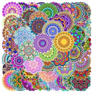 50 Mandala Stickers, Assorted Self Adhesive Waterproof Stickers, Geometric Shapes Designs, Hindu and Buddhist Tantrism Symbols B85