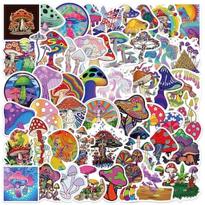 50 stickers champignons, assortiment d'autocollants imperméables, arc-en-ciel psychédélique mignon, étiquettes champignon champignon magique lumineux B32