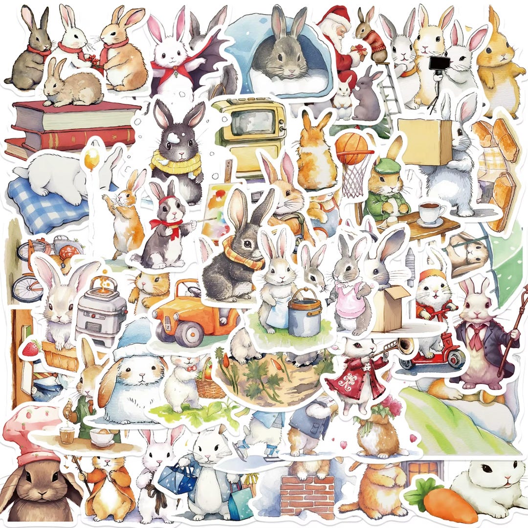 Linquick Happy Rabbit Stickers 50 Bunny Rabbit Stickers, Assorted Self Adhesive Waterproof Stickers ...