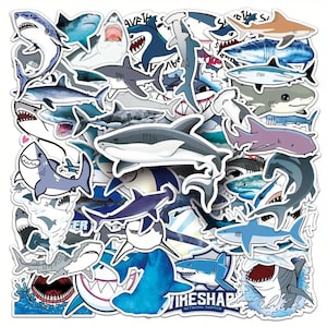 50 Shark Stickers, Assorted Self Adhesive Waterproof Stickers, Funny Sharks Jaws Cartoon Decals, Ocean Life Decals D52