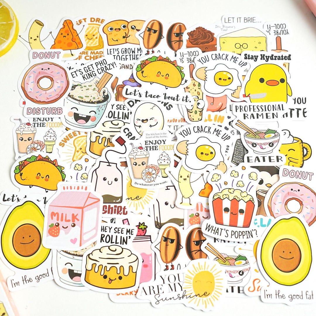 30 Funny Food Stickers, Assorted Self Adhesive Stickers, Food Quote ...