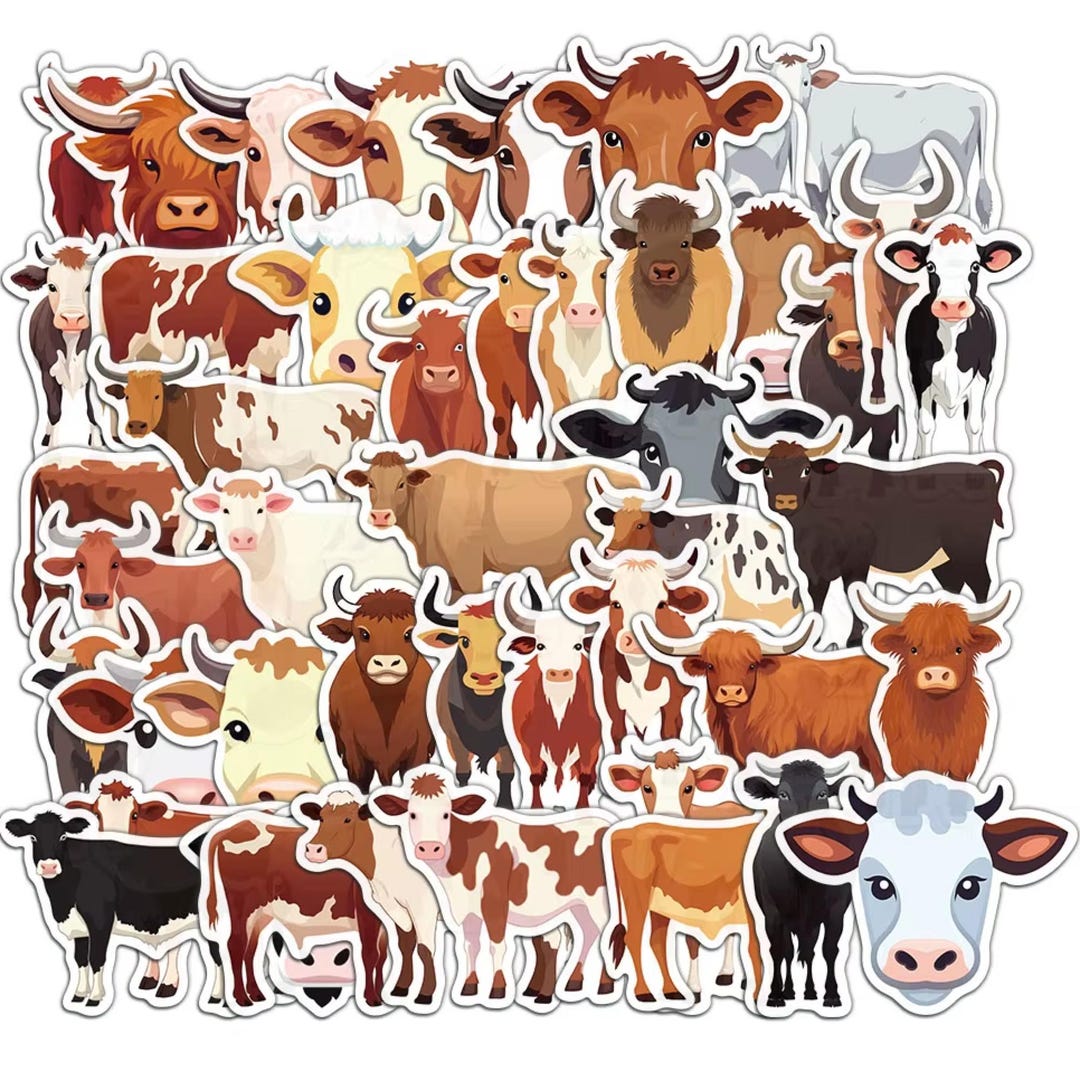 50 Cow Stickers, Assorted Self Adhesive Waterproof Stickers, Herd Cows ...
