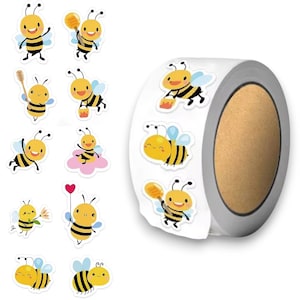 Rouleau/bandes d'autocollants abeilles 25 mm / 25 mm, abeilles jaunes, autocollants récompense abeille occupée, scellés de sac, étiquettes cadeaux de fête d'été R08