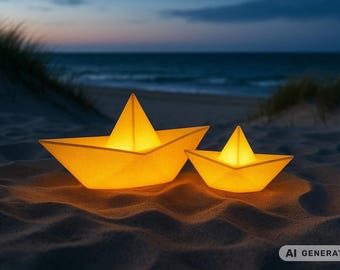 Könnte beinhalten: Zwei leuchtende, papierbootförmige Lampen in einer größeren und einer kleineren Ausführung, die ein warmes gelbes Licht abgeben. Die Strukturen haben scharfe, gefaltete Kanten und ein dreieckiges Segel auf sandigem Boden.