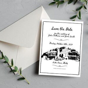 May include: Black and white save the date card with a handwritten font. The card features a black and white illustration of a building with a lake in the background. The text reads "Save the Date for the wedding of John Williams and Jane Smith, Friday, October 18th, 2024, Lake Como, Italy, Formal Invitation to Follow."