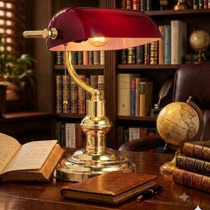 May include: A banker lamp featuring a polished brass base and a glossy deep red glass shade. The lamp includes a gold-toned pull chain switch, a curved neck, and a single exposed light bulb that illuminates the underside of the shade.