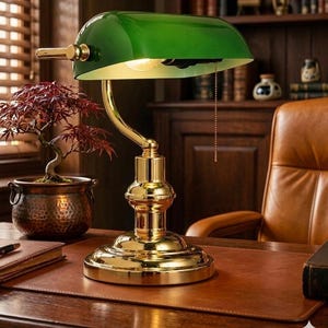 Bankers Lamp, Emerald Green Glass Shade, Brass Base, Classic Library Desk Light