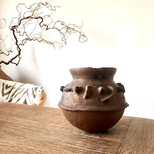 May include: A round, dark brown clay pot with a wide, flared rim and a textured surface. The vessel features a series of small, raised, pointed protrusions arranged horizontally around its midsection, giving it a distinct, rugged appearance.