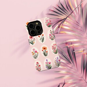 Pink Floral iPhone Case, Oval Wildflower Medallion Pastel Cottagecore Protective Cover for iPhone 16 15 14 13 12 11 Pro Max
