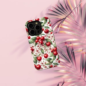 Cute Red Cherry Pattern Phone Case, Red Cherries Botanical Floral Pattern Protective Cover, iPhone 16 15 14 13 12 11 Pro Max