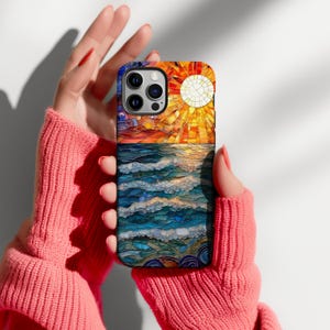 Ocean Sunset Phone Case Compatible Tropical Faux Stained Glass Beach Phone Case Nautical Sunrise Lovers Gift for iPhone 17 16 15 14 13 12 11