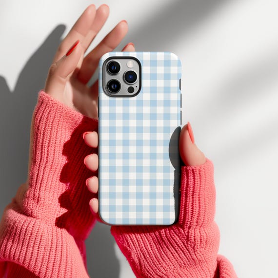 Powder Blue Gingham Phone Case iPhone 17 16 15 14 13 12 11 Pro Max Checkered Case Cute Pastel Gift for Her Protective Case