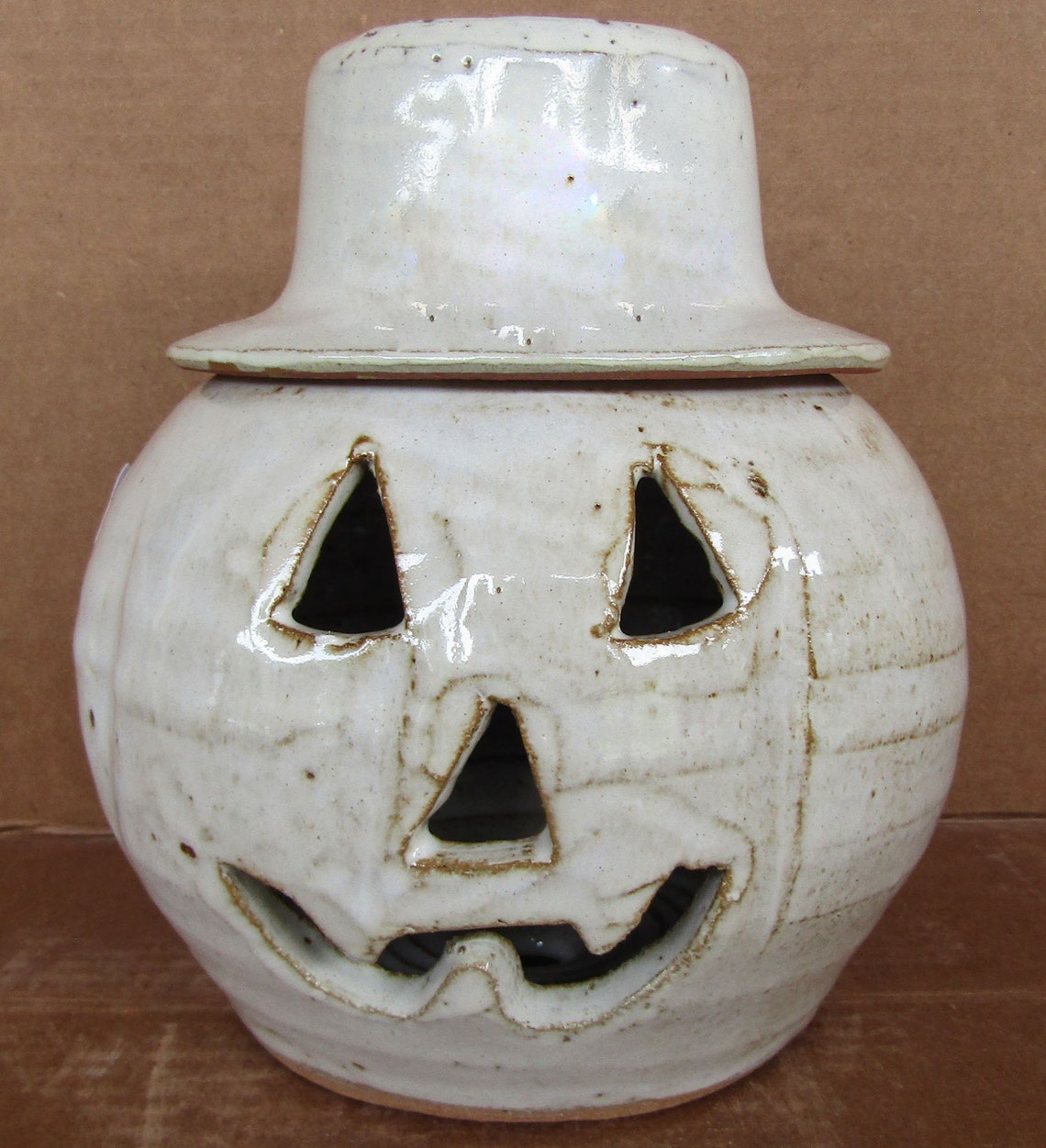 Large Ceramic Jack o lantern with hat for candles or lights Etsy