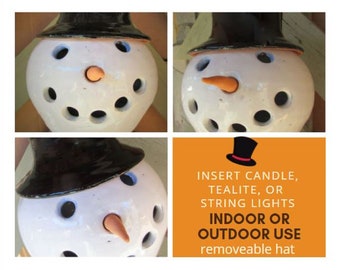 White snowman pottery Winter and Christmas decor for collectors. Luminary with removable hat and nose. Handmade in US. For lighting