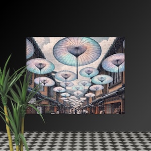 Kyoto Hologram Puzzle - Futuristic Neon Japanese Fantasy with Holographic Umbrellas