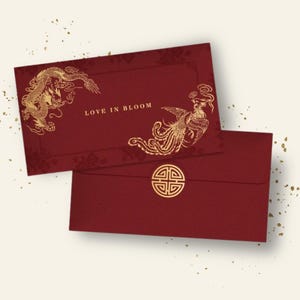 Mariage chinois de luxe Phoenix et amour du dragon en paquets rouges (6 pcs) • Hong Pao • Ang Bao • Double bonheur • Argent porte-bonheur • Poche rouge