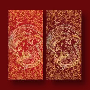 Luxuriöse Phoenix und Dragon Chinesische Hochzeit Rote Päckchen (8 Stück) • Hong Pao • Ang Bao, doppeltes Glück • Glücksgeld • Rote Tasche • Wein