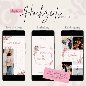 Könnte beinhalten: Drei Smartphones zeigen digitale Hochzeitsvorlagen mit der Aufschrift digitales Hochzeitspaket. Die Bildschirme präsentieren Save the Date, Einladung und Danksagung Designs mit Blumenakzenten, geometrischen Rahmen und Fotos eines Paares.