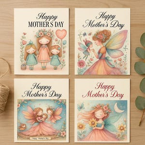 Mother’s Day Card Bundle | Set of 4 Printable Cards | Whimsical Watercolor Designs | High-Quality Printable Cards