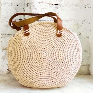 Modern Round Crochet Bag Pattern – Easy PDF Tutorial with Leather Strap Style | Handmade Circle Tote Bag Pattern