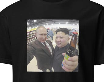 Vladimir Putin and Kim Jong Un in supermarket with drinks t-shirt, funny meme presidents drinking shirt, world leaders with beer tshirt