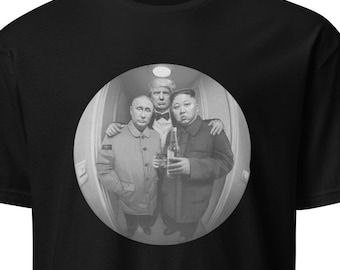 The presidents tshirt (EU), Donald Trump, Kim Jong Un, Vladimir Putin in hallway, peephole funny meme shirt, dark offensive humor t-shirt