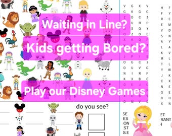 Juegos de "Esperar en la fila" de Disney para niños, Disneyland, Disneyworld, entretenimiento, familia, juegos digitales, juegos imprimibles, Veo veo, búsqueda de palabras.