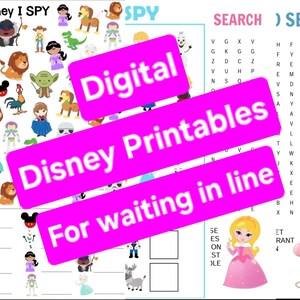 Puede incluir: Una hoja de actividades imprimible digital de Disney I Spy con varios personajes de Disney, una b&uacute;squeda de palabras y el texto "Digital Disney Printables For waiting in line". Dise&ntilde;ado para ni&ntilde;os.