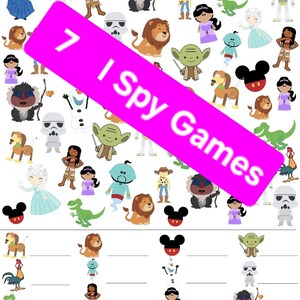 Puede incluir: Un colorido juego de Disney I Spy con varios personajes de dibujos animados, incluyendo a Yoda, Mickey Mouse y Elsa. El juego tiene una pancarta rosa con el texto "7 I Spy Games" e incluye varias im&aacute;genes.