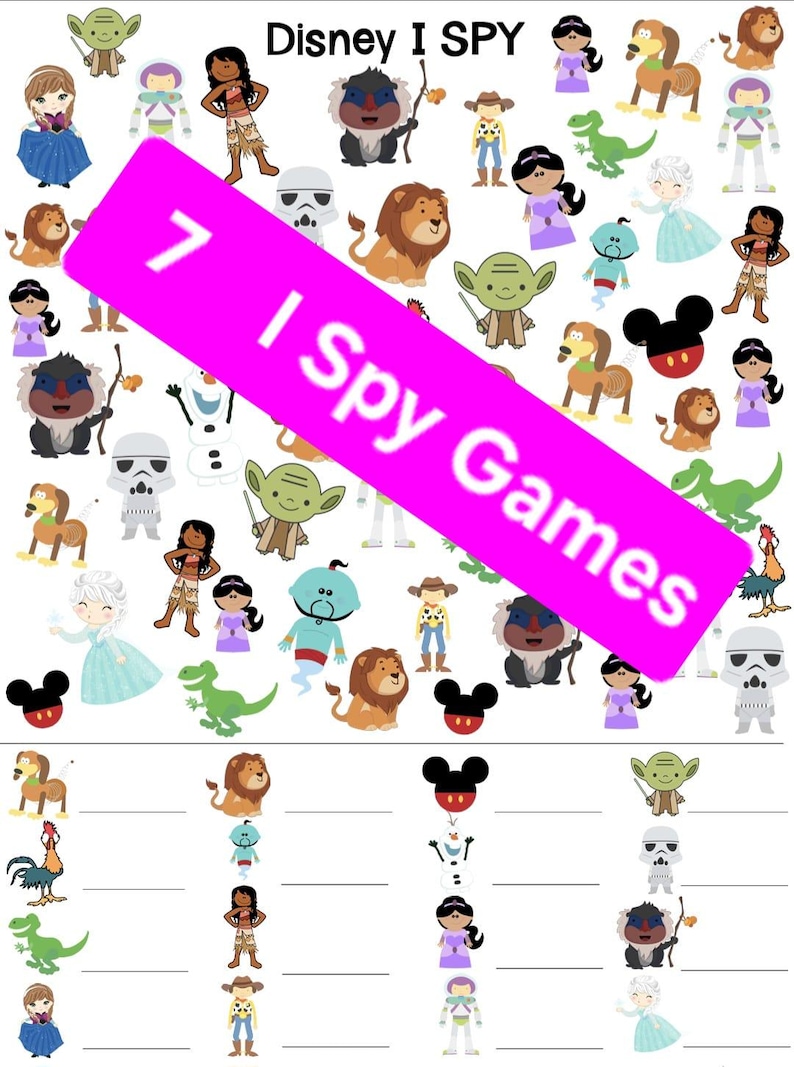 Puede incluir: Un colorido juego de Disney I Spy con varios personajes de dibujos animados, incluyendo a Yoda, Mickey Mouse y Elsa. El juego tiene una pancarta rosa con el texto "7 I Spy Games" e incluye varias im&aacute;genes.