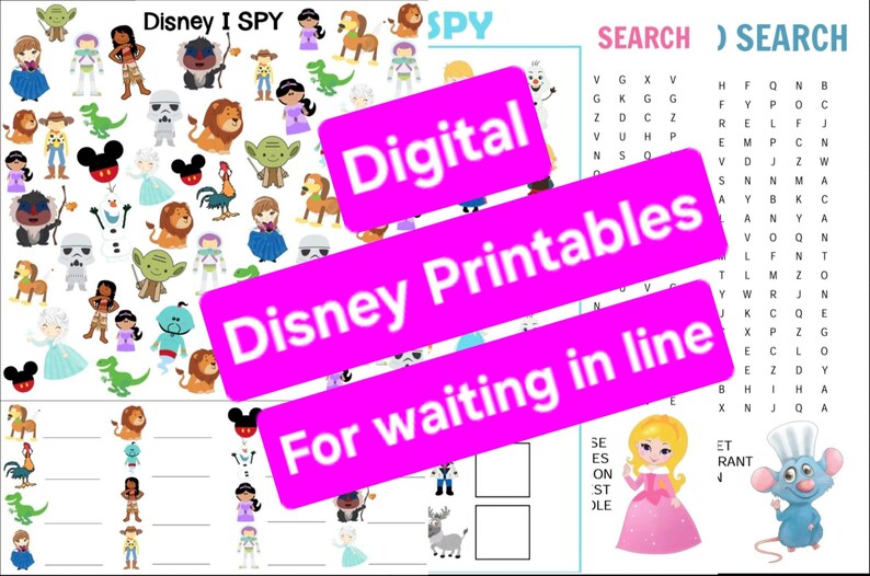 Puede incluir: Una hoja de actividades imprimible digital de Disney I Spy con varios personajes de Disney, una b&uacute;squeda de palabras y el texto "Digital Disney Printables For waiting in line". Dise&ntilde;ado para ni&ntilde;os.