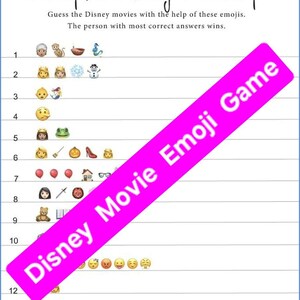 Puede incluir: Una hoja de juego de Disney Movie Emoji Pictionary con filas de emojis. El juego desaf&iacute;a a los jugadores a adivinar pel&iacute;culas de Disney bas&aacute;ndose en los emojis. La hoja incluye el t&iacute;tulo, las instrucciones y una pancarta rosa que dice "Disney Movie Emoji Game".