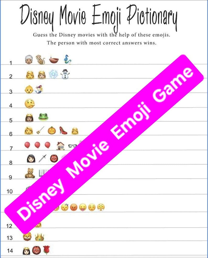 Puede incluir: Una hoja de juego de Disney Movie Emoji Pictionary con filas de emojis. El juego desaf&iacute;a a los jugadores a adivinar pel&iacute;culas de Disney bas&aacute;ndose en los emojis. La hoja incluye el t&iacute;tulo, las instrucciones y una pancarta rosa que dice "Disney Movie Emoji Game".