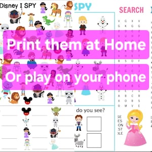 Puede incluir: Una hoja de juego Disney I Spy con varios personajes de dibujos animados, un juego de b&uacute;squeda y el texto "Print them at Home" y "Or play on your phone". La hoja incluye una secci&oacute;n "do you see?".