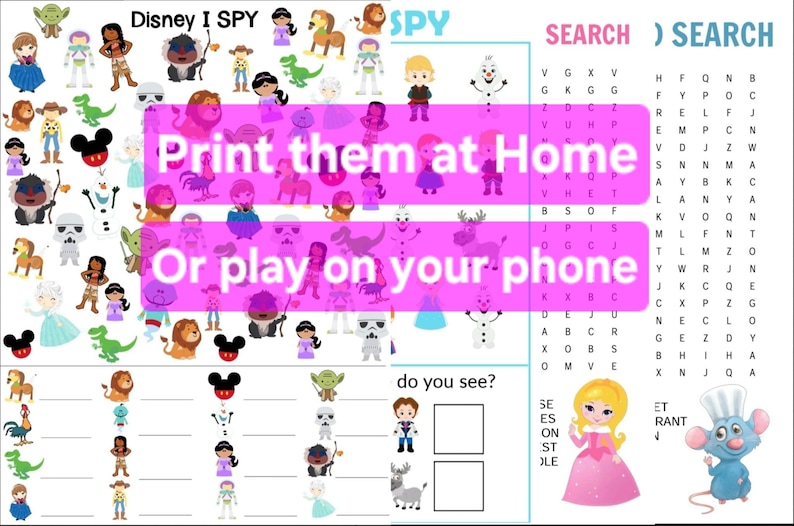 Puede incluir: Una hoja de juego Disney I Spy con varios personajes de dibujos animados, un juego de b&uacute;squeda y el texto "Print them at Home" y "Or play on your phone". La hoja incluye una secci&oacute;n "do you see?".