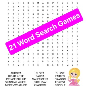 Puede incluir: Un juego de b&uacute;squeda de palabras con el tema de la Bella Durmiente, con una pancarta rosa que dice "21 Word Search Games". El rompecabezas incluye palabras como "Aurora" y "Mal&eacute;fica". Una princesa de dibujos animados con un vestido rosa est&aacute; a la derecha.
