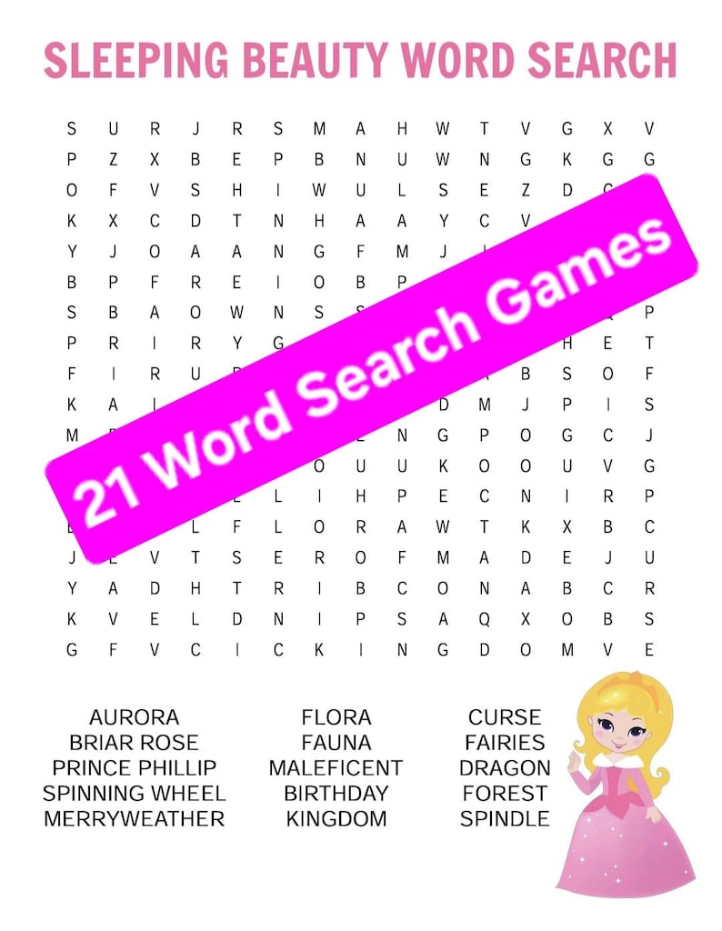 Puede incluir: Un juego de b&uacute;squeda de palabras con el tema de la Bella Durmiente, con una pancarta rosa que dice "21 Word Search Games". El rompecabezas incluye palabras como "Aurora" y "Mal&eacute;fica". Una princesa de dibujos animados con un vestido rosa est&aacute; a la derecha.