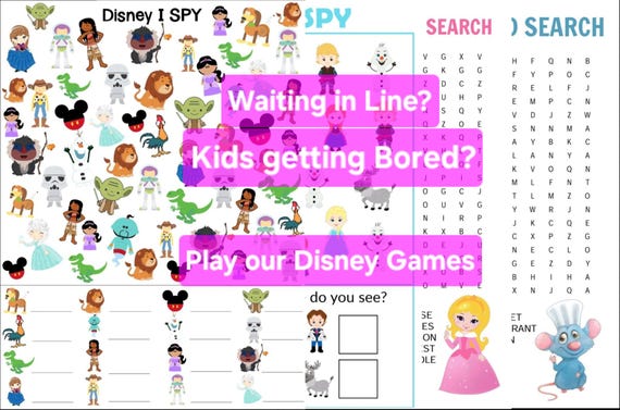 Disney "Waiting in line games" for kids, Disneyland, Disneyworld, Entertainment, Family, Digital games, Printable games, I Spy, Word Search.