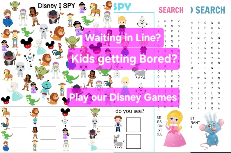 Puede incluir: Un colorido juego de Disney I Spy con varios personajes de dibujos animados, incluyendo Mickey Mouse, Yoda y Elsa. El juego presenta rompecabezas de b&uacute;squeda y el texto "Waiting in Line? Kids getting Bored? Play our Disney Games."