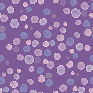 Puede incluir: Patrón sin costuras con círculos estilo acuarela en tonos lavanda, azul claro y rosa, sobre un fondo morado oscuro. El diseño tiene una estética suave y artística, adecuado para diversas aplicaciones.