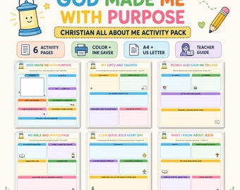 Christian All About Me Printable for Kids, God Made Me With Purpose Activity Pack, Sunday School, VBS, Homeschool, A4 & US Letter PDF Bundle