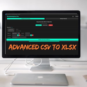 May include: A computer monitor displaying the "EcomAnalytics Pro" dashboard. The screen shows data processing options and the text "ADVANCED CSV TO XLSX" in orange. A silver laptop sits below the monitor.