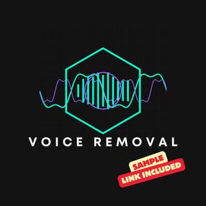 May include: A graphic with a teal hexagon containing a purple and teal sound wave design. The words "VOICE REMOVAL" are below the graphic in white text. A red and yellow banner reads "SAMPLE LINK INCLUDED". The background is black.