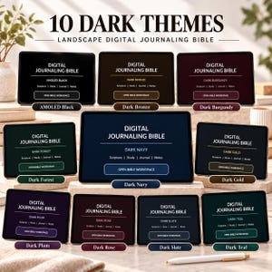 May include: Ten digital tablets displaying a landscape digital journaling bible in various dark themes including amoled black, dark bronze, burgundy, forest, navy, gold, plum, rose, slate, and teal, each with an open bible workspace button.