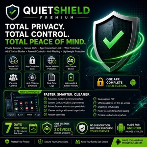 Könnte beinhalten: Eine digitale Werbegrafik für die Software QuietShield Premium für Android-Geräte. Das Bild zeigt ein schwarzes Schild mit einem grünen Häkchen, Text zu Datenschutzfunktionen wie sicherem DNS, Werbeblocker und Kindersicherung sowie ein Angebot für eine 7-tägige kostenlose Testversion.