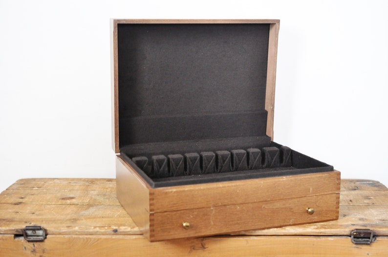 Vintage Wood Silverware Box Empty Flatware Chest Double Drawer Image 0