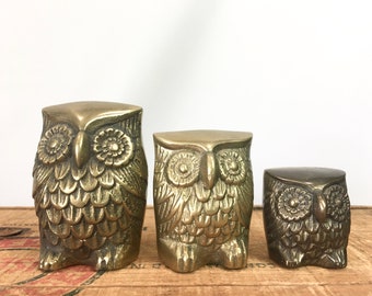 Vintage Brass Owl Lot Set of Three Figurine Collectible Home Decor Small Owls Display Gift Paperweight