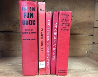 Vintage Red Book Display Set Collection of 5 Books Shelf Filler Lot of Five Decorative Hard Cover Library